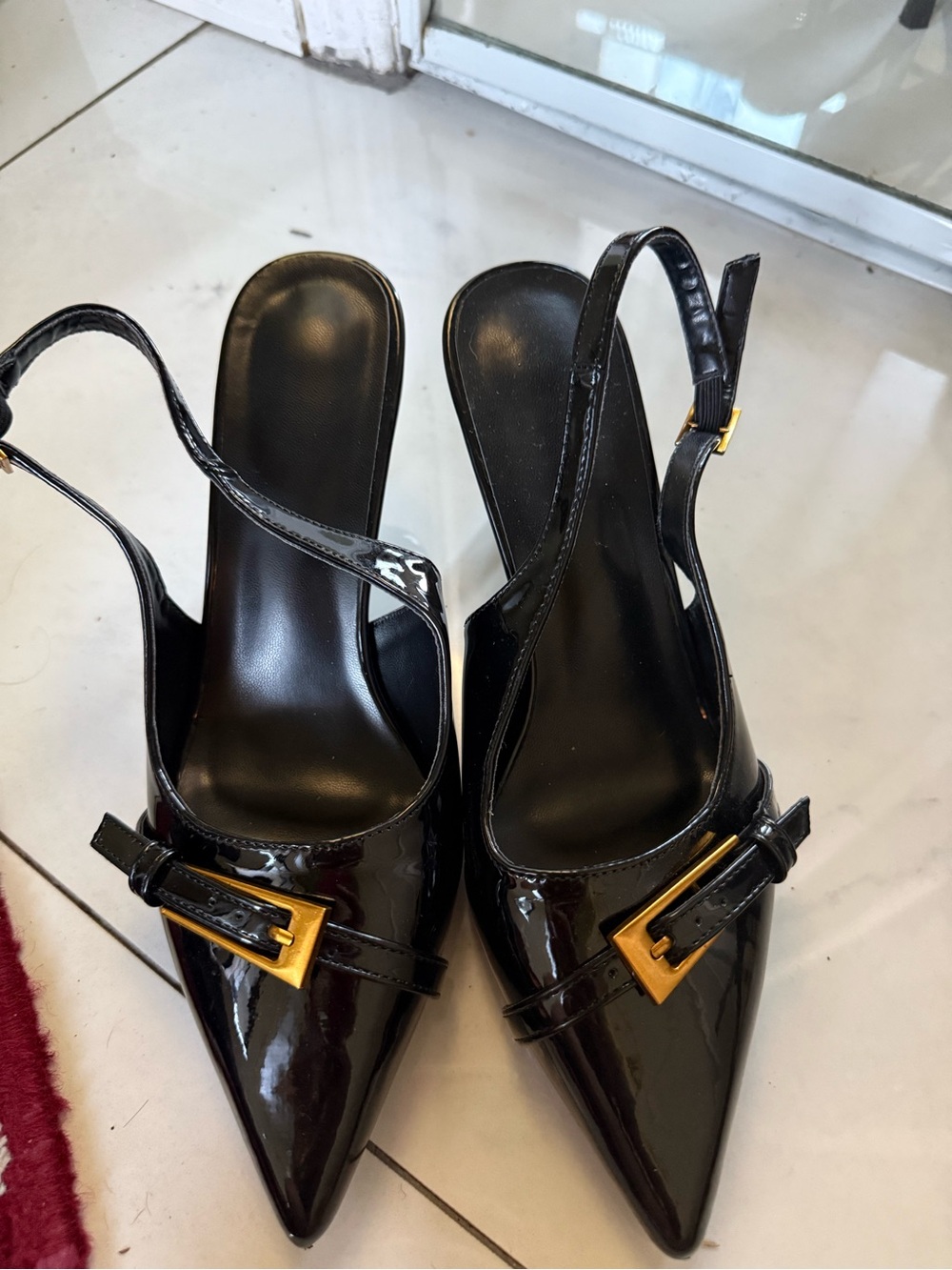 Women's Black Patent Slingback Pointed-Toe kitten heels with Gold Accent
